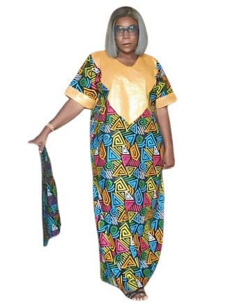 Vibrant African Print Kaftan Dress with Golden Accent