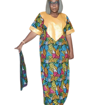 Vibrant African Print Kaftan Dress with Golden Accent