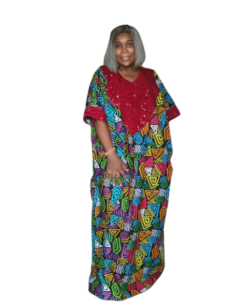 Vibrant African Print Kaftan Dress with Red Sequin Detail