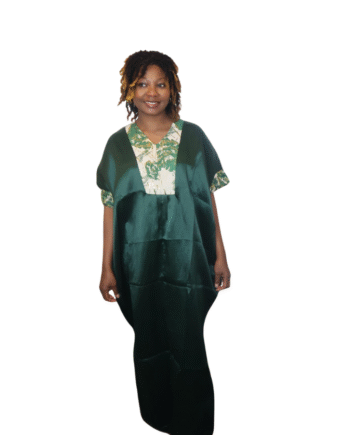Emerald Green Satin Kaftan Dress with Tropical Collar Detail