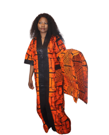 Bold Orange & Black African Kaftan with Matching Wrapper