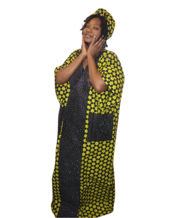 Yellow and Black Star Print Kaftan with Matching Headwrap