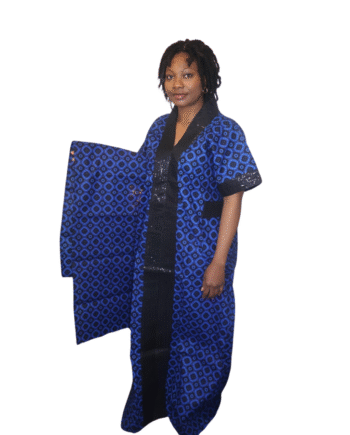 Royal Blue and Black Embroidered Kaftan with Wrapper