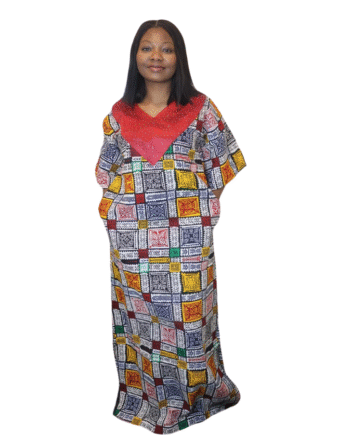 Patchwork Print Kaftan with Red Sequined Neckline