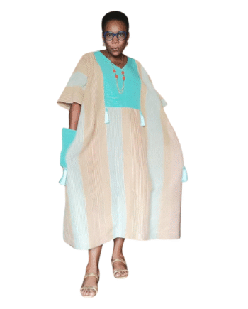 Elegant Striped Kaftan Dress – Aqua & Beige