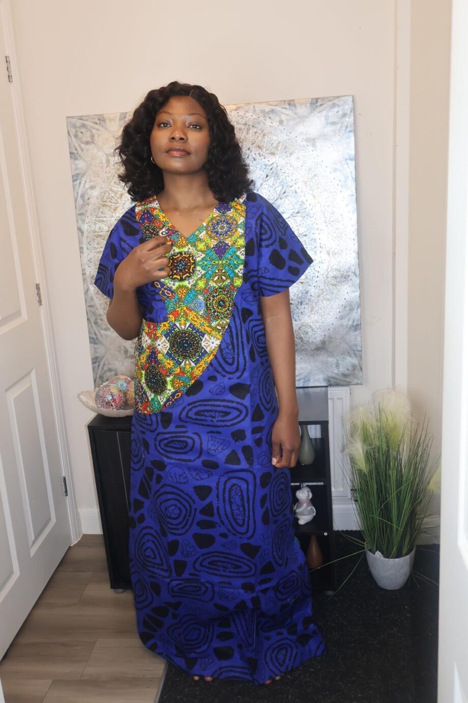 Royal Blue Kaftan with Multicolour Ankara Panel