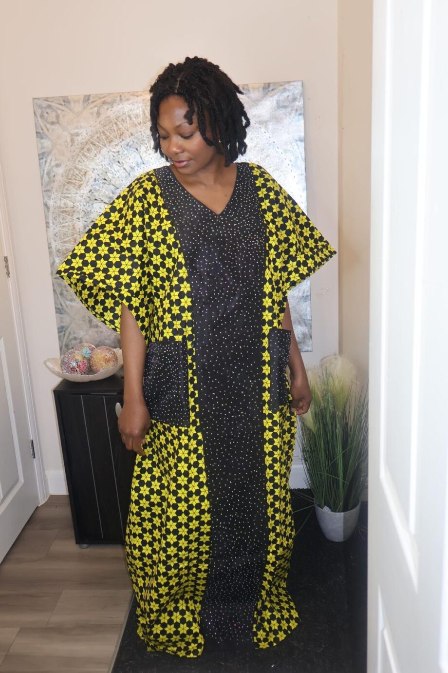Yellow and Black Star Print Kaftan with Matching Headwrap
