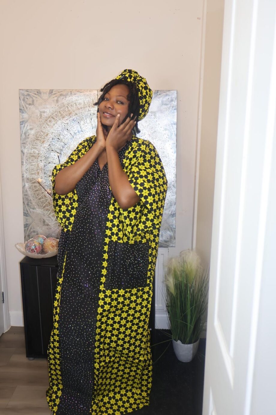Yellow and Black Star Print Kaftan with Matching Headwrap