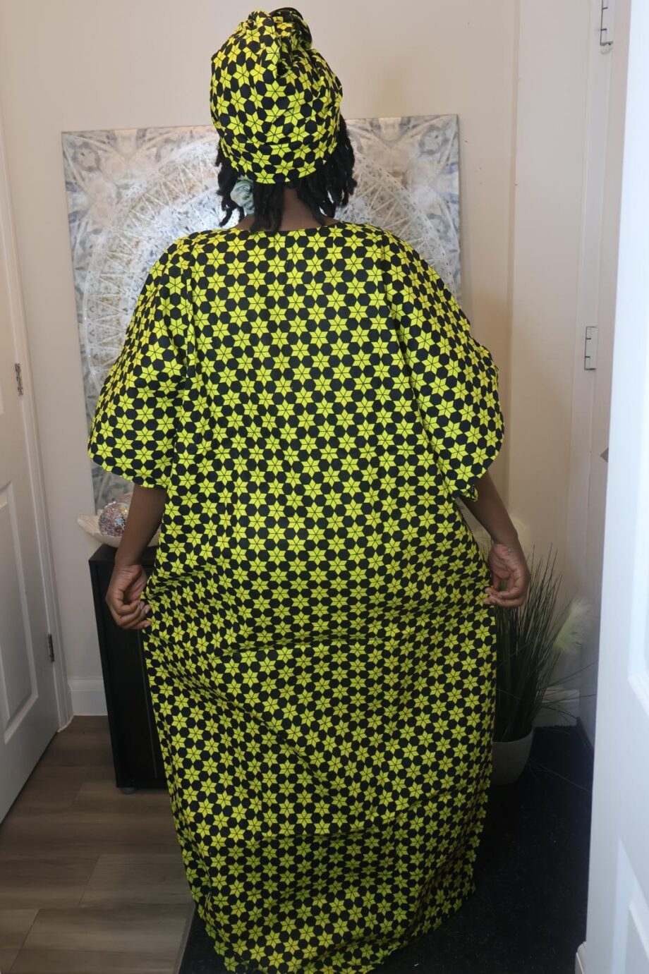 Yellow and Black Star Print Kaftan with Matching Headwrap
