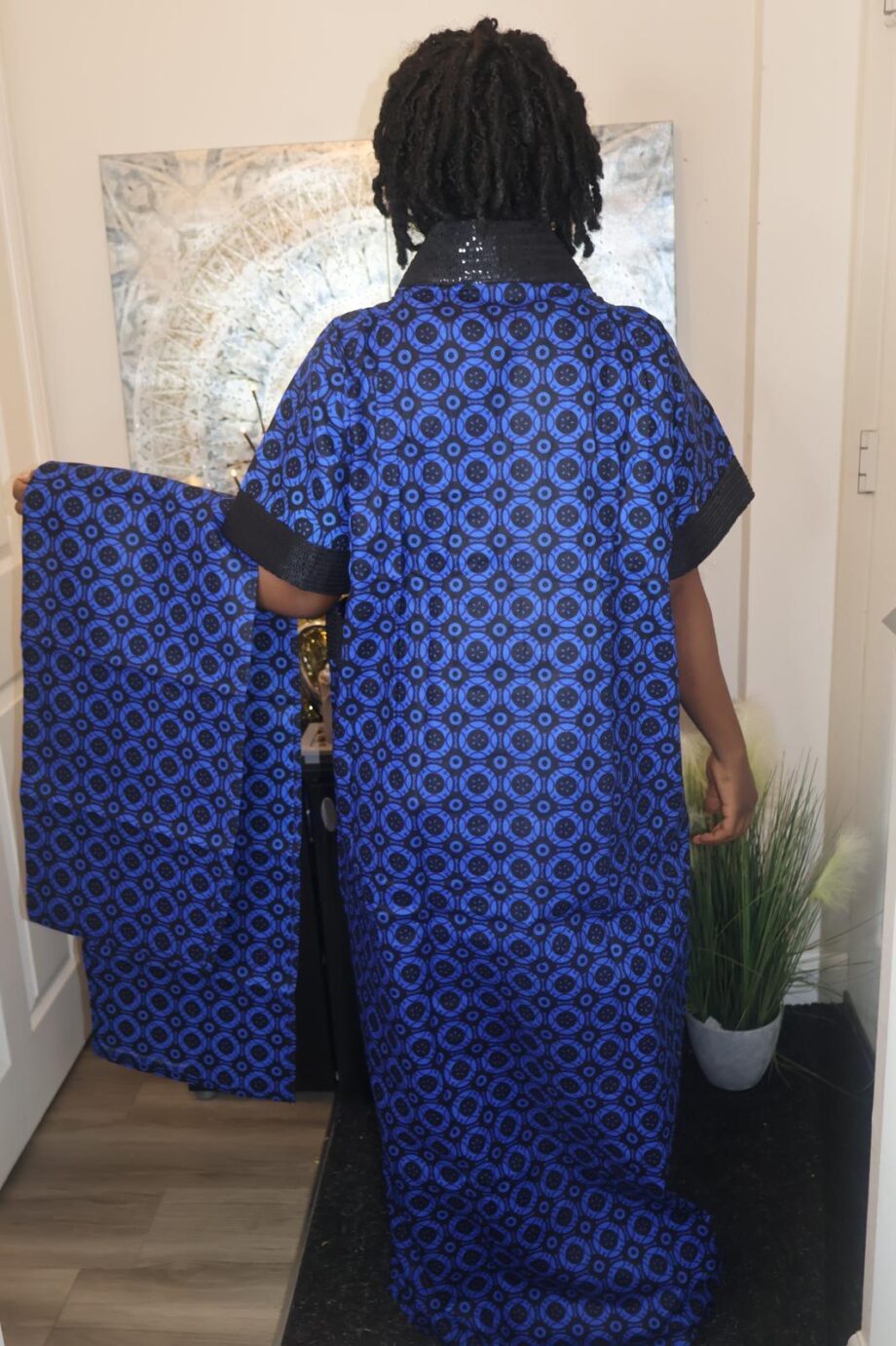 Royal Blue and Black Embroidered Kaftan with Wrapper
