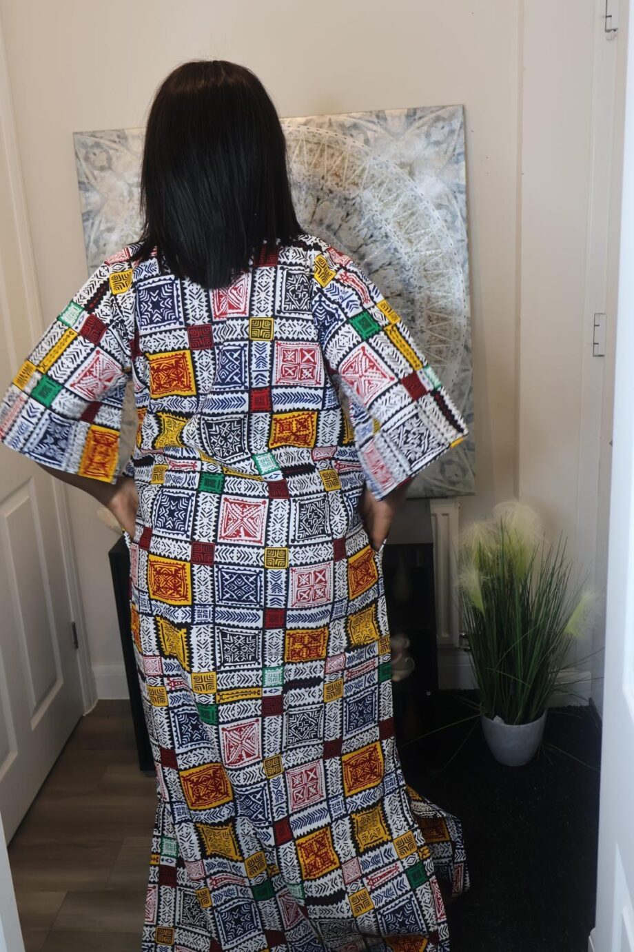 Patchwork Print Kaftan with Red Sequined Neckline