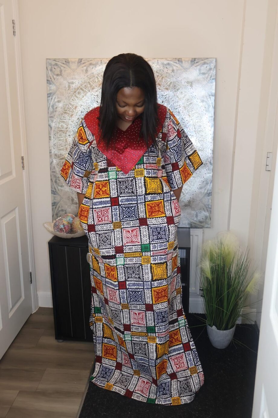 Patchwork Print Kaftan with Red Sequined Neckline