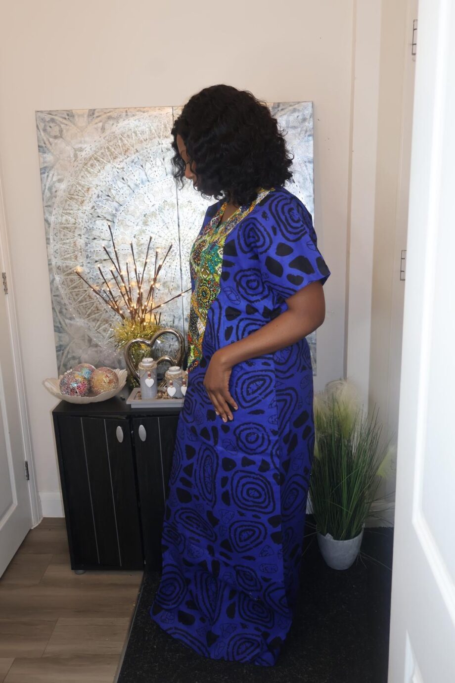 Royal Blue Kaftan with Multicolour Ankara Panel