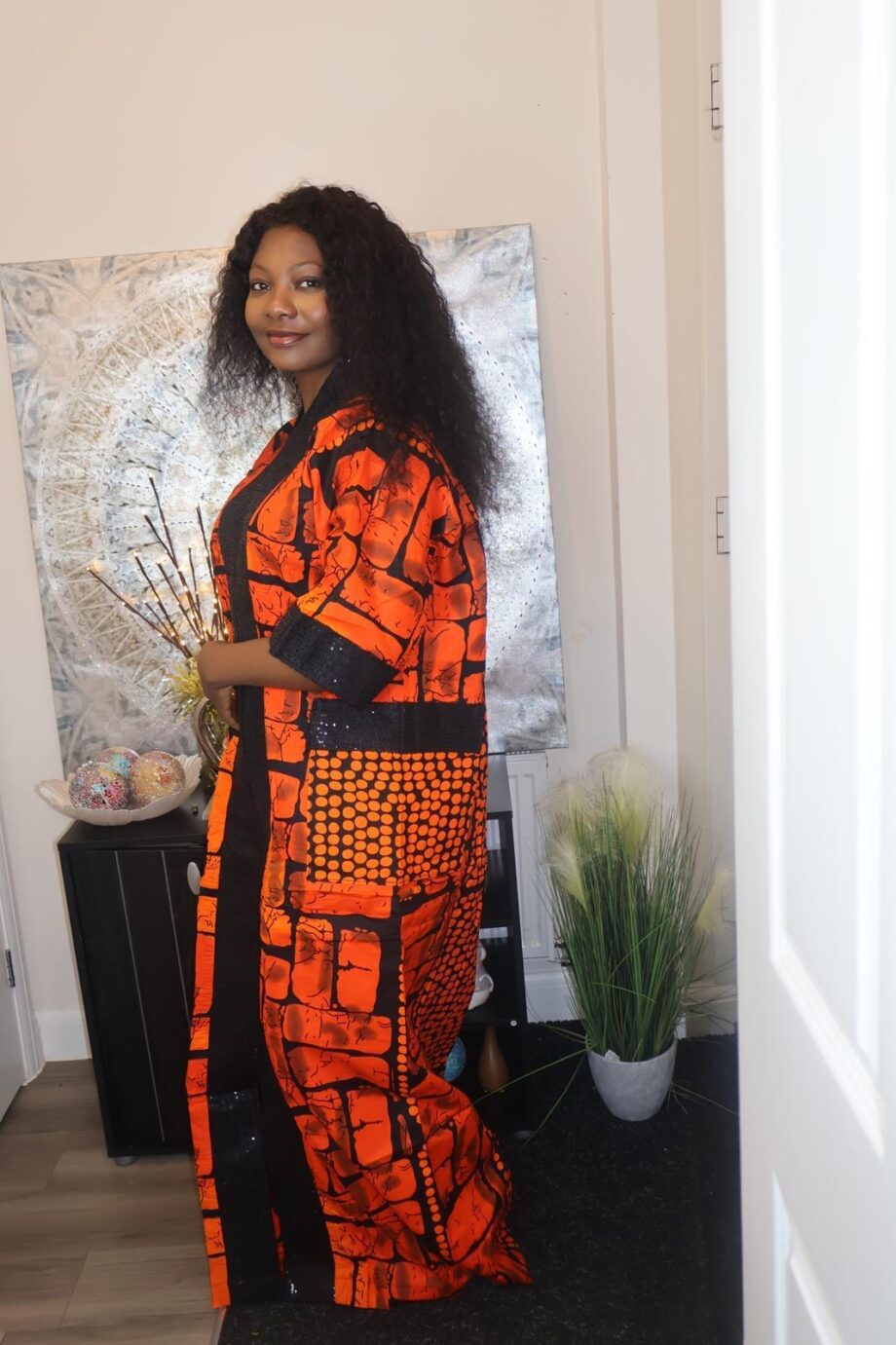 Bold Orange & Black African Kaftan with Matching Wrapper
