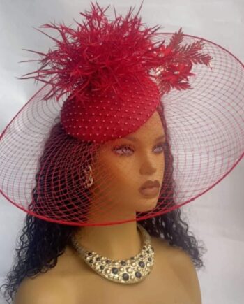 Elegant Red Wide-Brim Fascinator Hat with Feathers & Pearls – Statement Headpiece