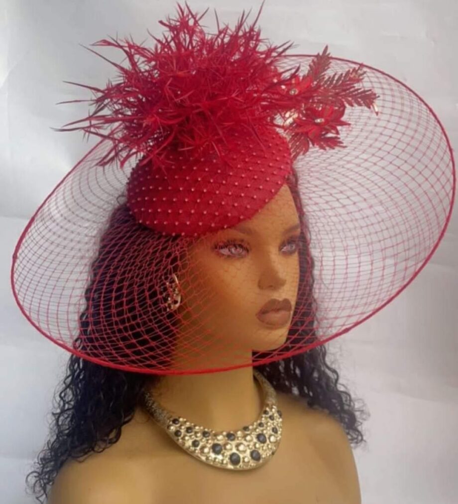 Elegant Red Wide-Brim Fascinator Hat with Feathers & Pearls – Statement Headpiece